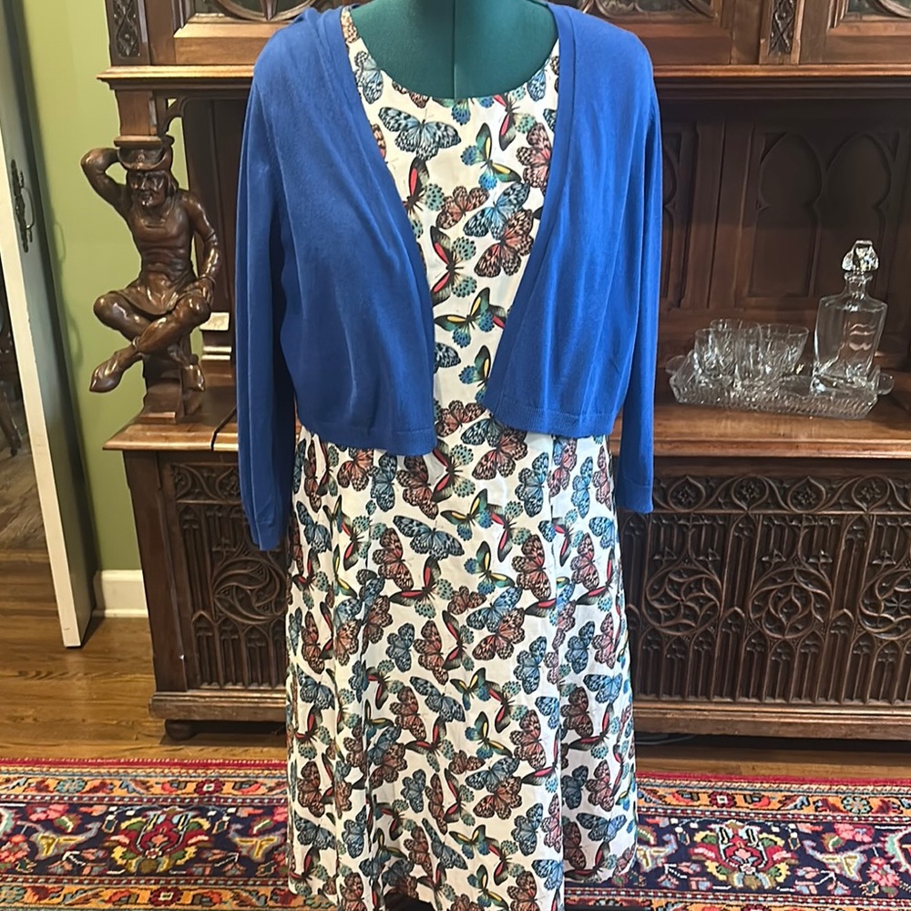 Butterfly Print Dress with Blue Cardigan